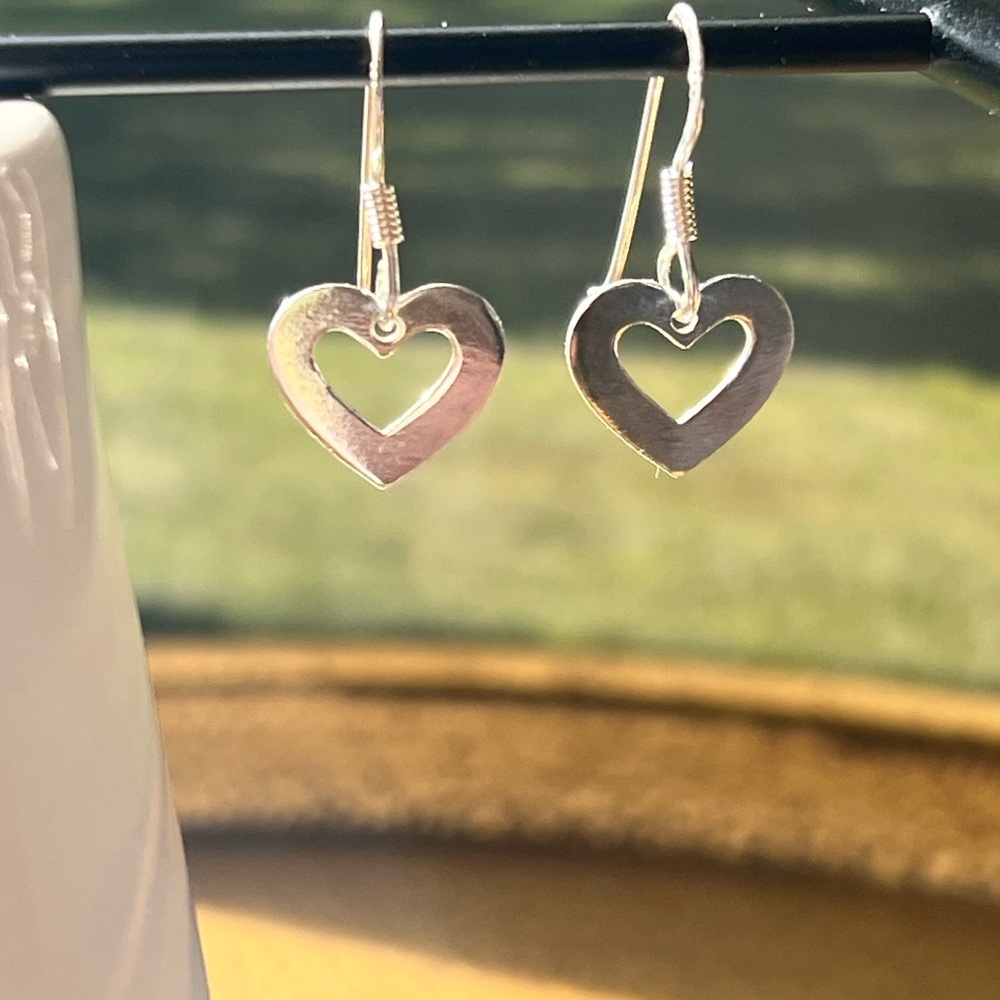 Open Heart Dangle Earrings Minimalist Silver Tone